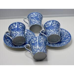 Japanese Blue & White Phoenix Bird Espresso Coffee-Tea Cup & Saucer Plate 6pc